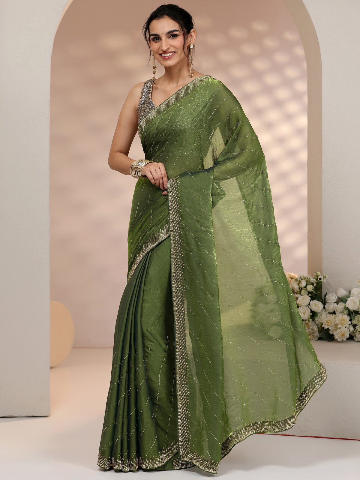 Anouk Olive Green Stone Work Striped Embellished Tissue Saree