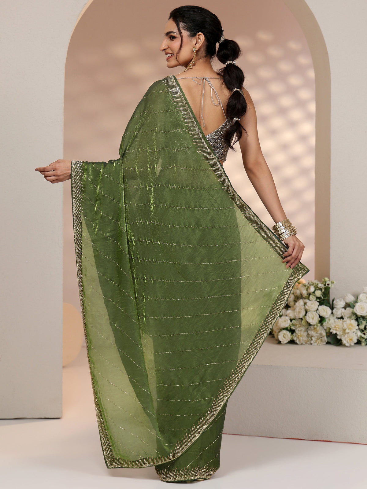 Anouk Olive Green Stone Work Striped Embellished Tissue Saree