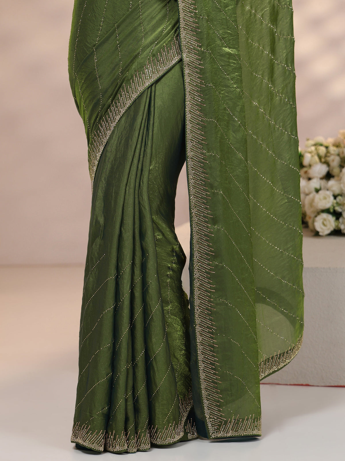 Anouk Olive Green Stone Work Striped Embellished Tissue Saree