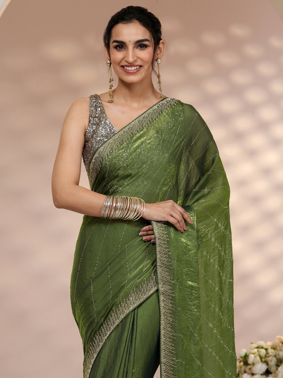 Anouk Olive Green Stone Work Striped Embellished Tissue Saree