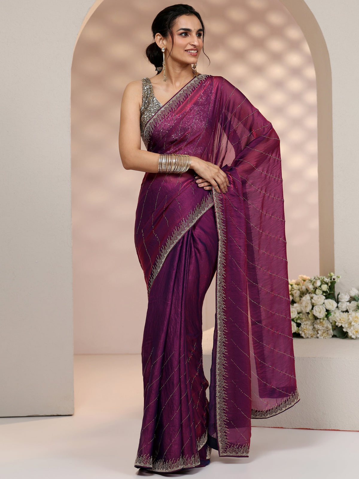 Anouk Plum Purple Stone Work Striped Embellished Tissue Saree