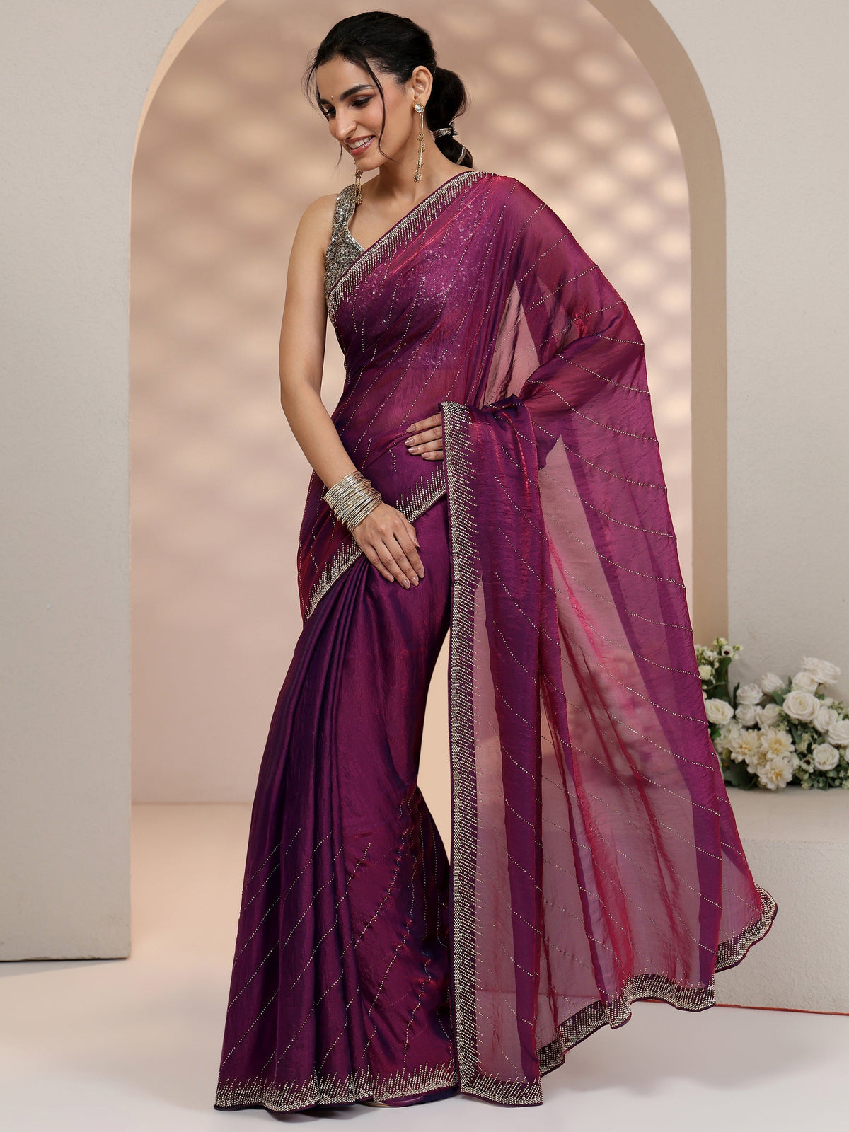 Anouk Plum Purple Stone Work Striped Embellished Tissue Saree