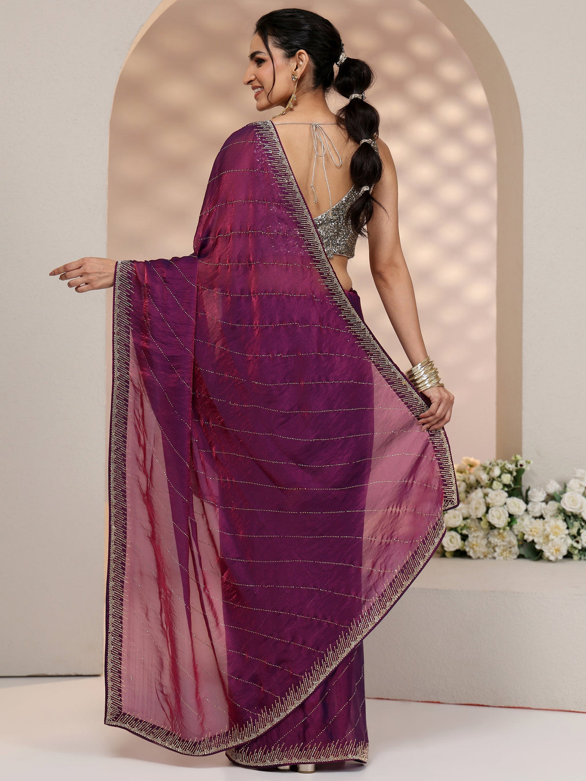 Anouk Plum Purple Stone Work Striped Embellished Tissue Saree