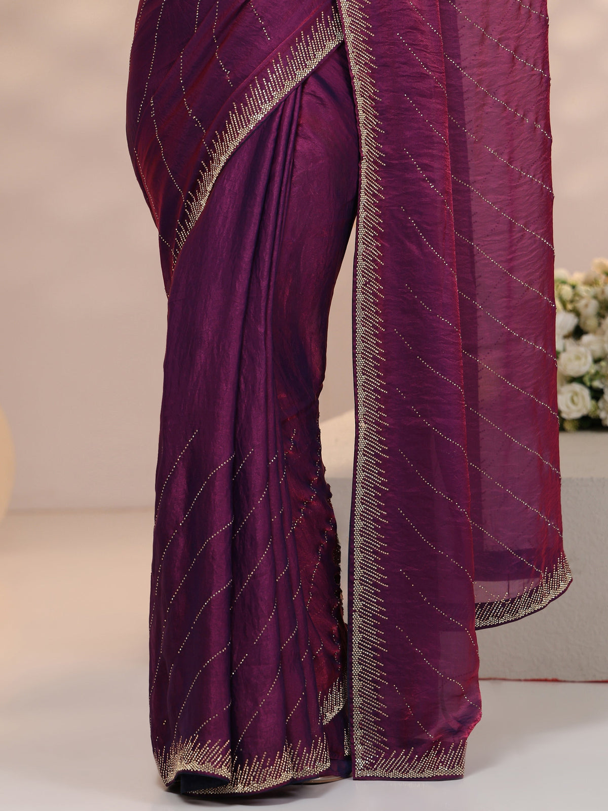 Anouk Plum Purple Stone Work Striped Embellished Tissue Saree
