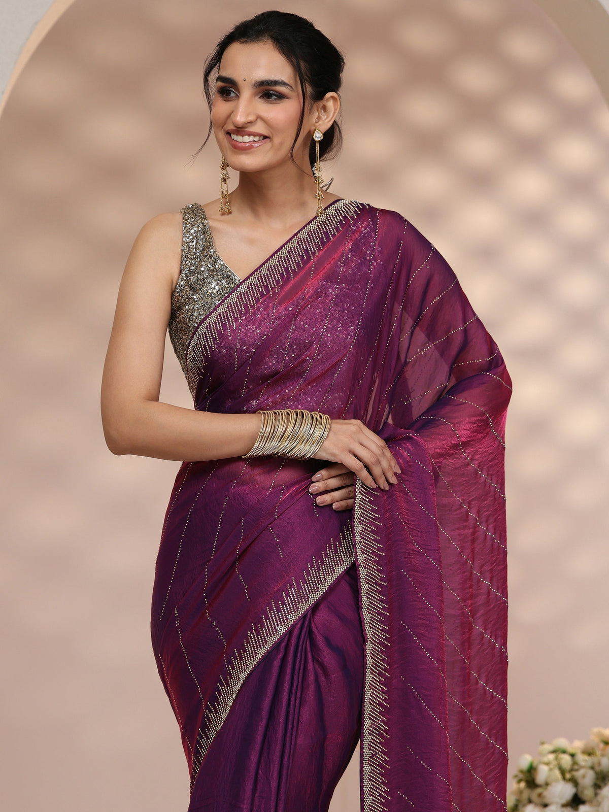 Anouk Plum Purple Stone Work Striped Embellished Tissue Saree