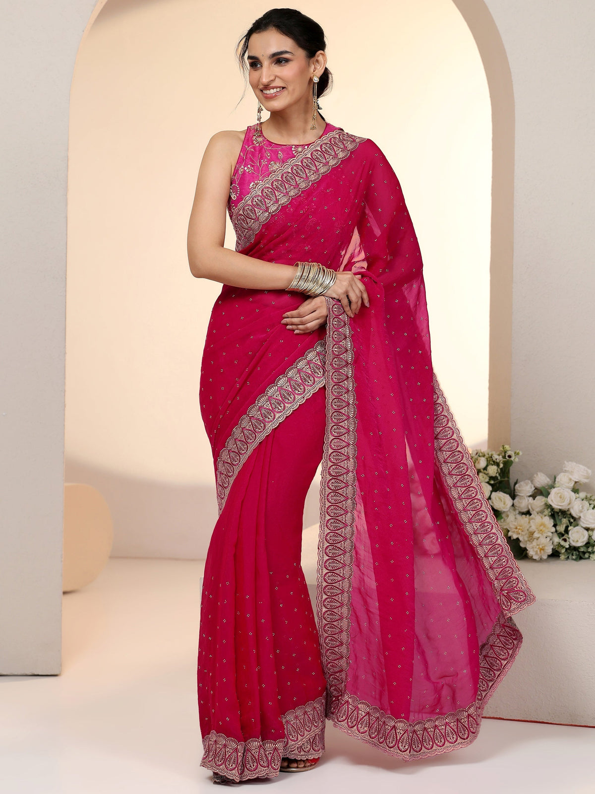 Anouk Fuchsia Pink Stone Work Striped Embellished Tissue Saree