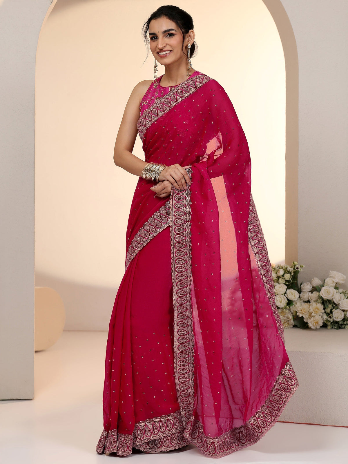 Anouk Fuchsia Pink Stone Work Striped Embellished Tissue Saree
