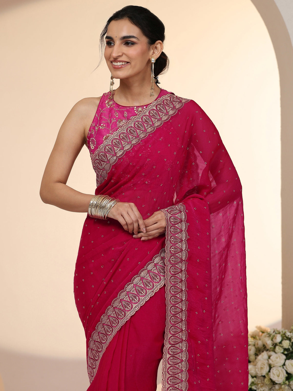 Anouk Fuchsia Pink Stone Work Striped Embellished Tissue Saree