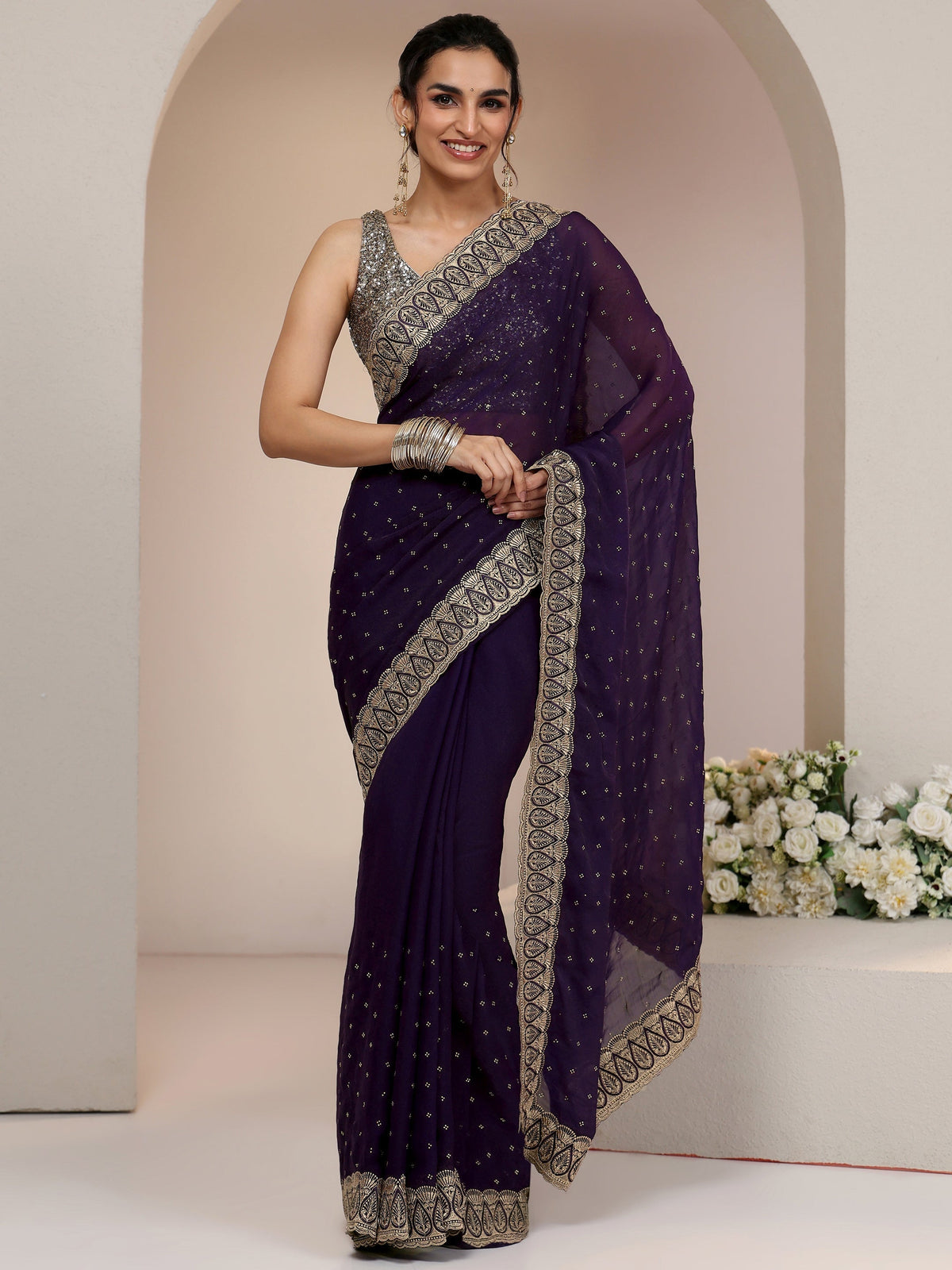 Anouk Amethyst Purple Tissue Saree with Floral Embellishments