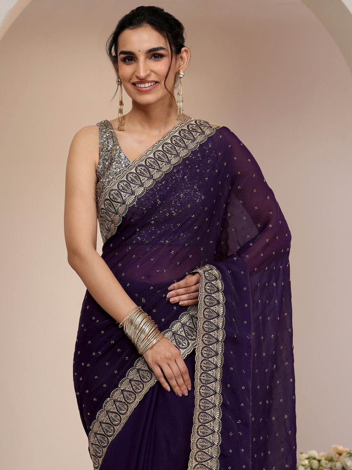 Anouk Amethyst Purple Tissue Saree with Floral Embellishments