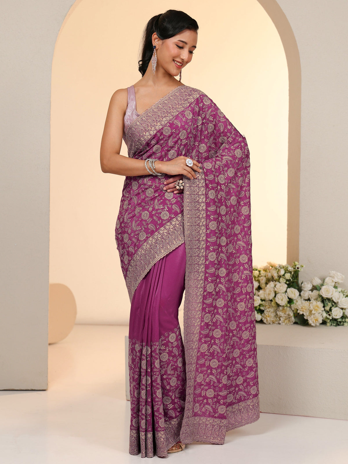 Anouk Mauve Satin Saree with Floral Embellishments