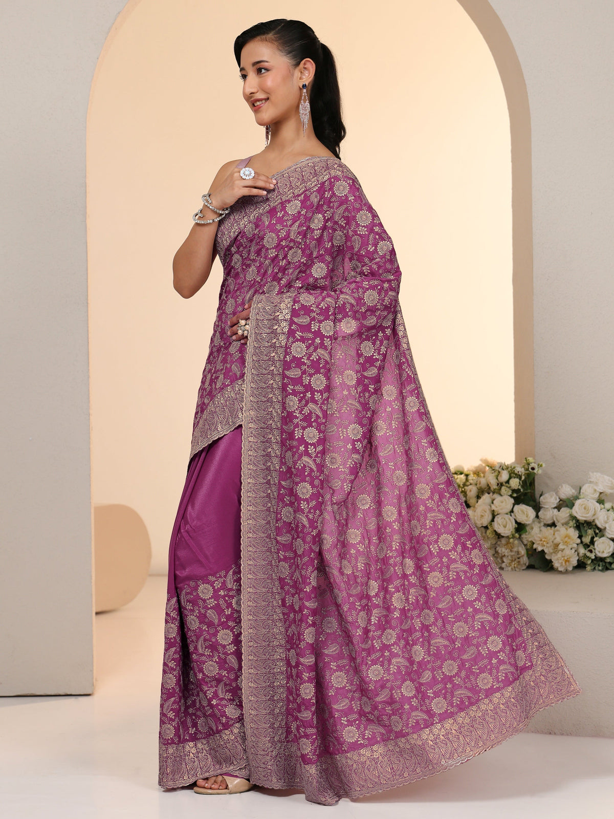 Anouk Mauve Satin Saree with Floral Embellishments