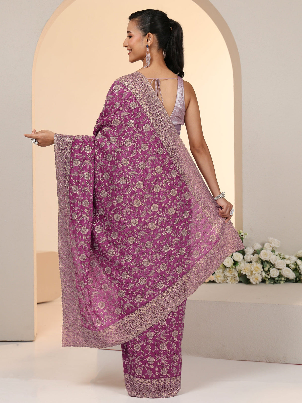 Anouk Mauve Satin Saree with Floral Embellishments
