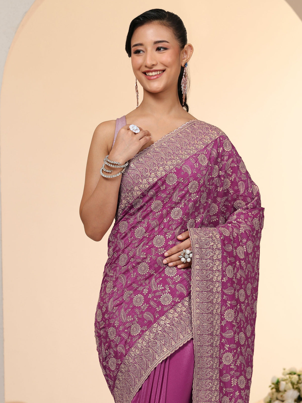 Anouk Mauve Satin Saree with Floral Embellishments