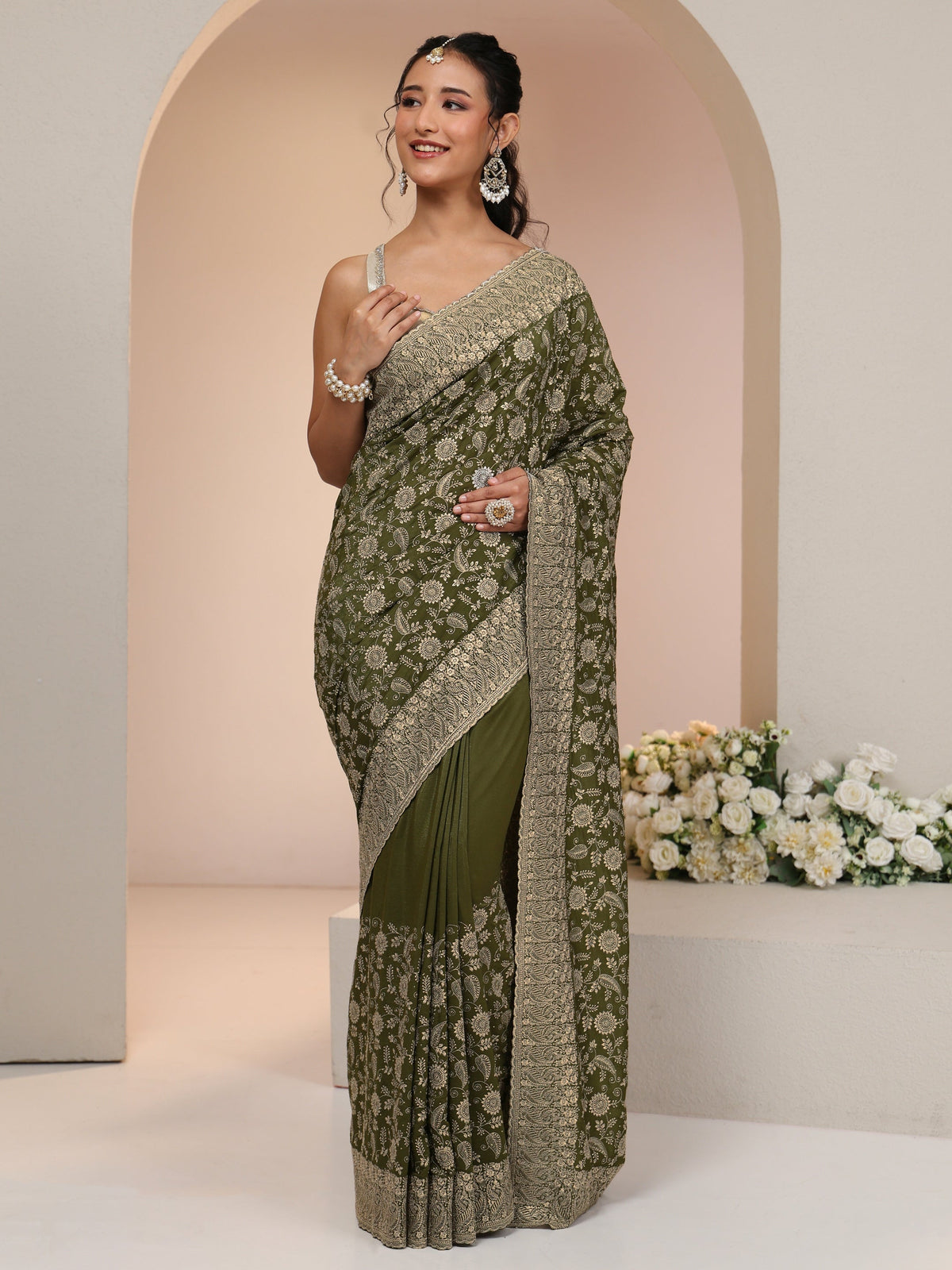 Anouk Leaf Green Satin Saree with Floral Embellishments