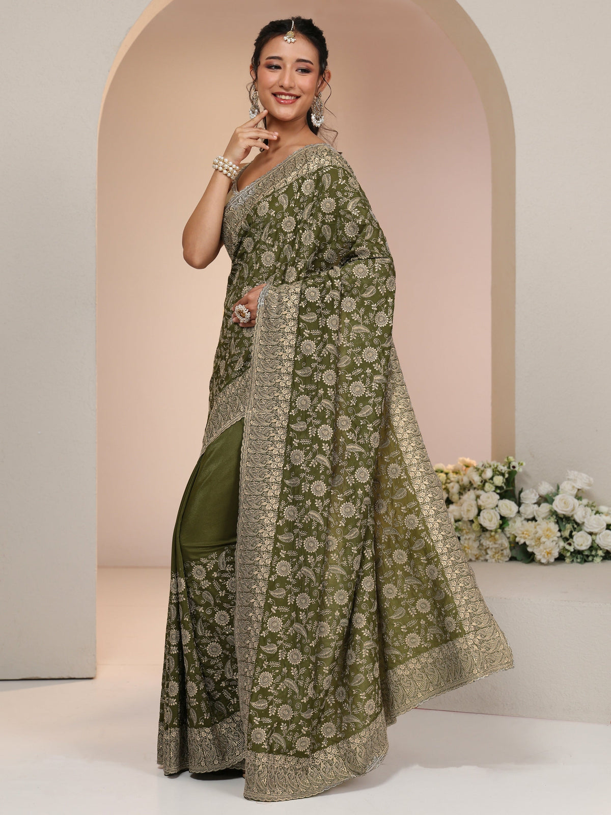 Anouk Leaf Green Satin Saree with Floral Embellishments