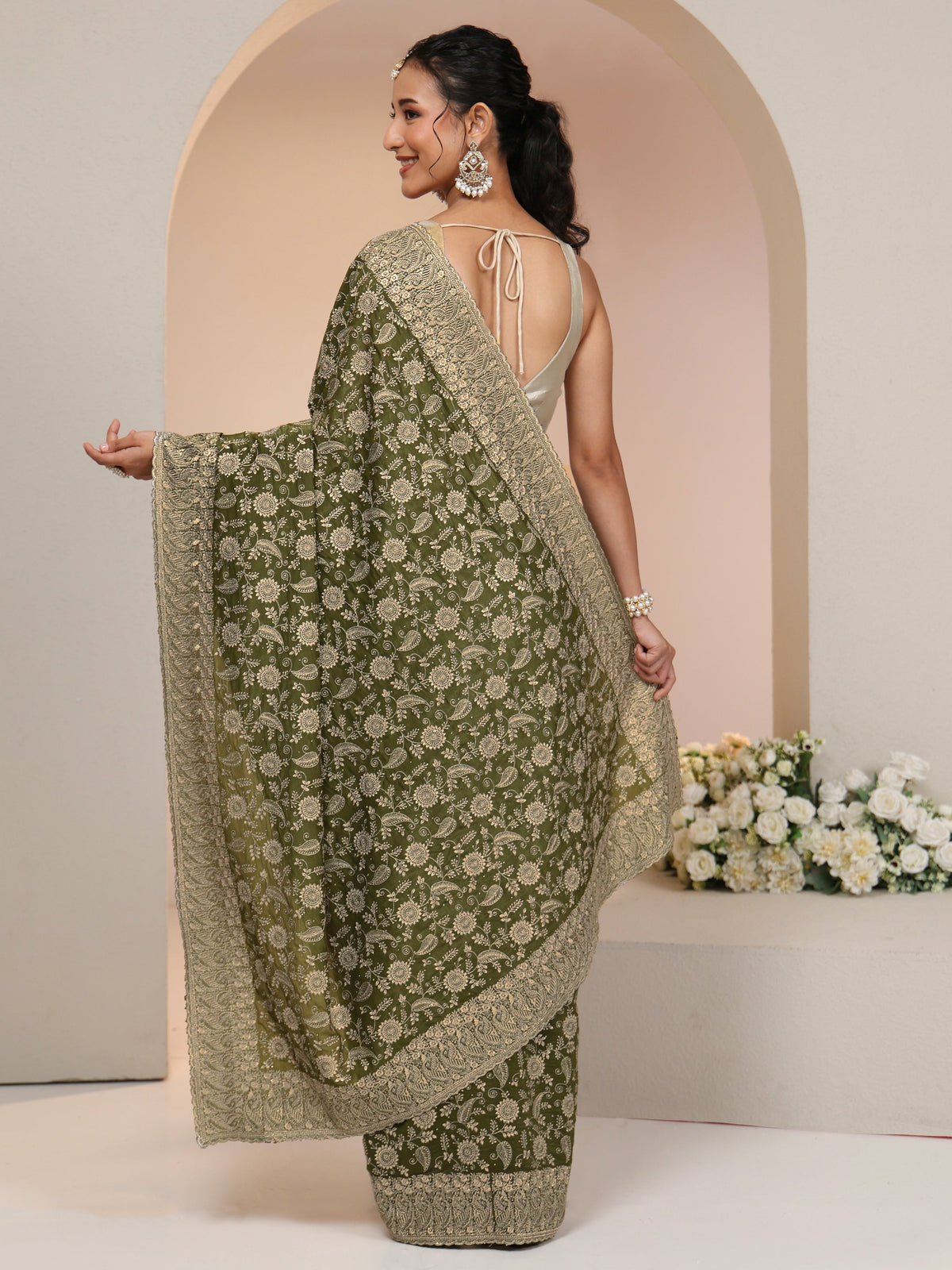 Anouk Leaf Green Satin Saree with Floral Embellishments