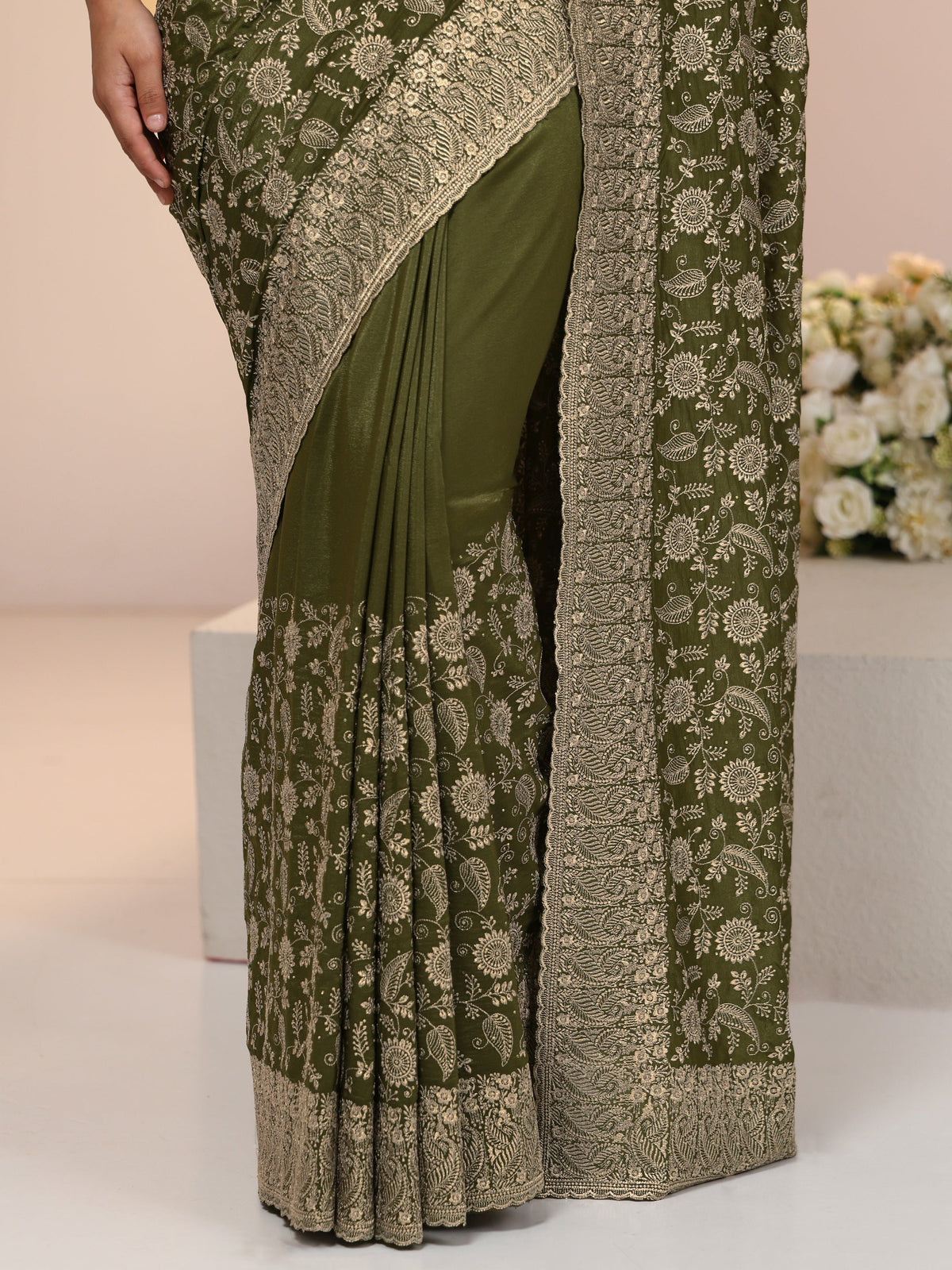 Anouk Leaf Green Satin Saree with Floral Embellishments