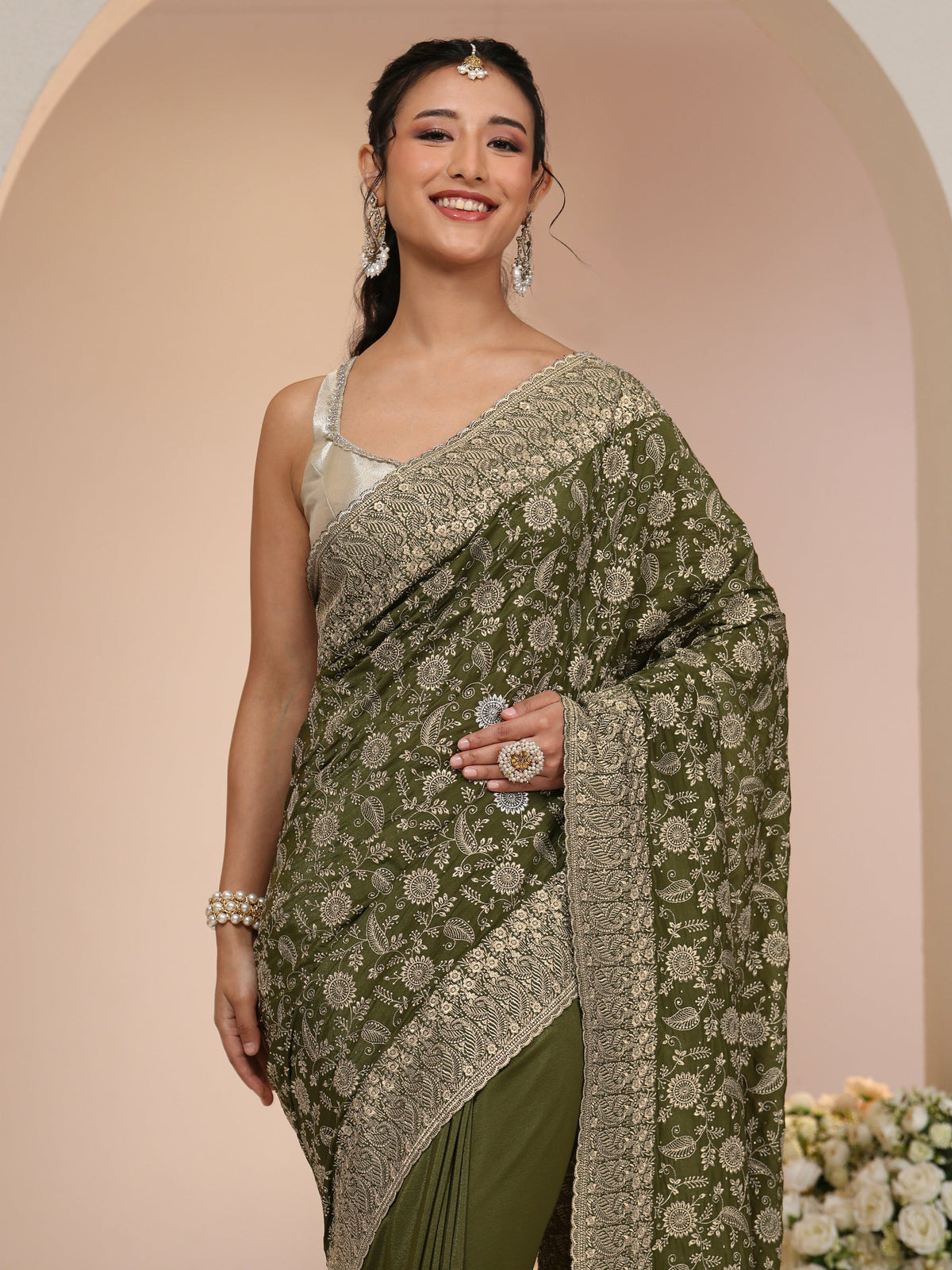 Anouk Leaf Green Satin Saree with Floral Embellishments