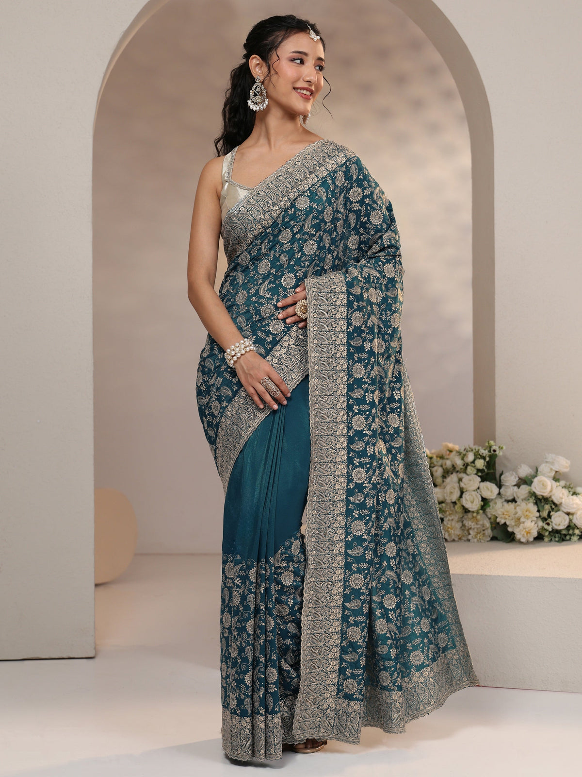 Anouk Slate Blue Satin Saree with Floral Embellishments