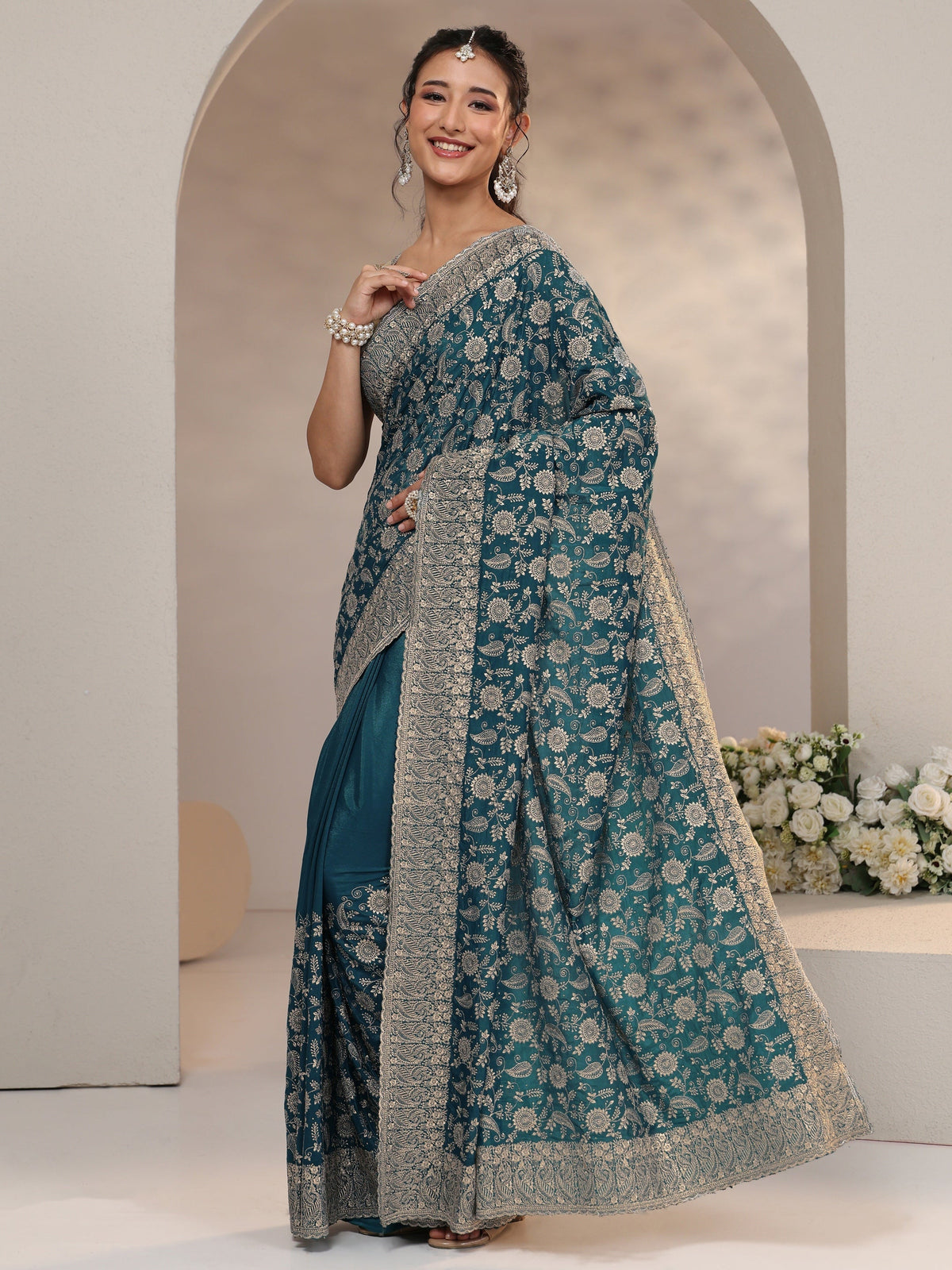 Anouk Slate Blue Satin Saree with Floral Embellishments