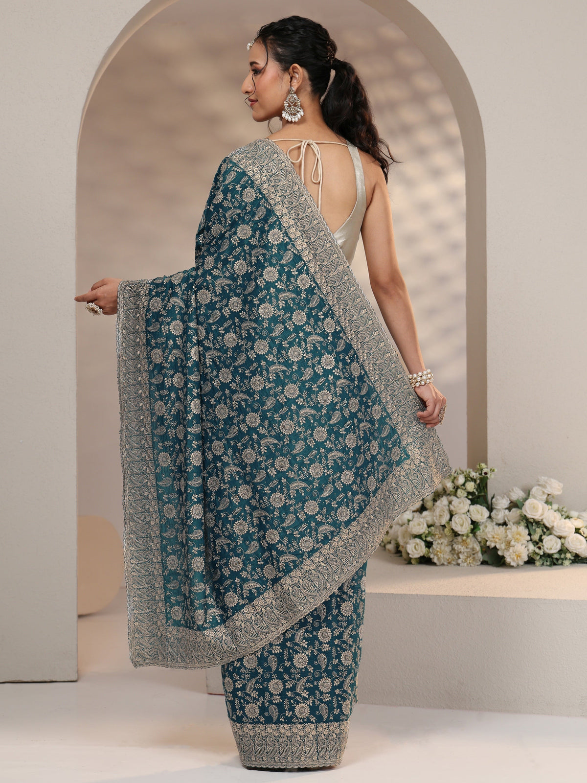 Anouk Slate Blue Satin Saree with Floral Embellishments