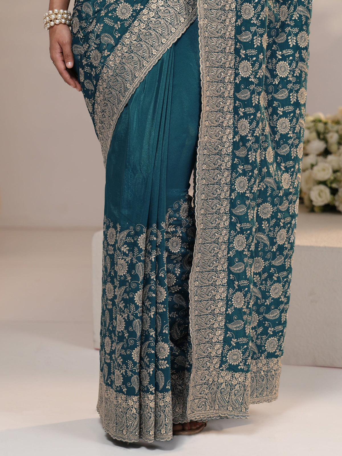 Anouk Slate Blue Satin Saree with Floral Embellishments