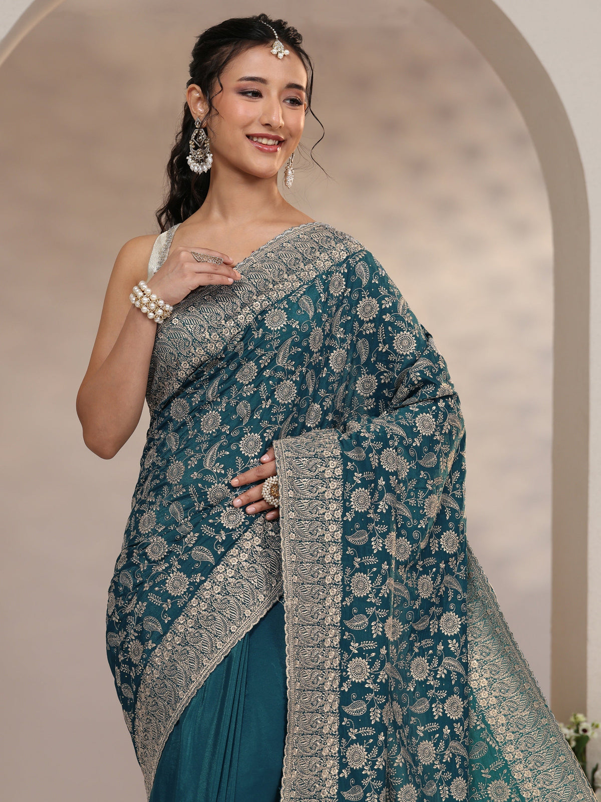 Anouk Slate Blue Satin Saree with Floral Embellishments