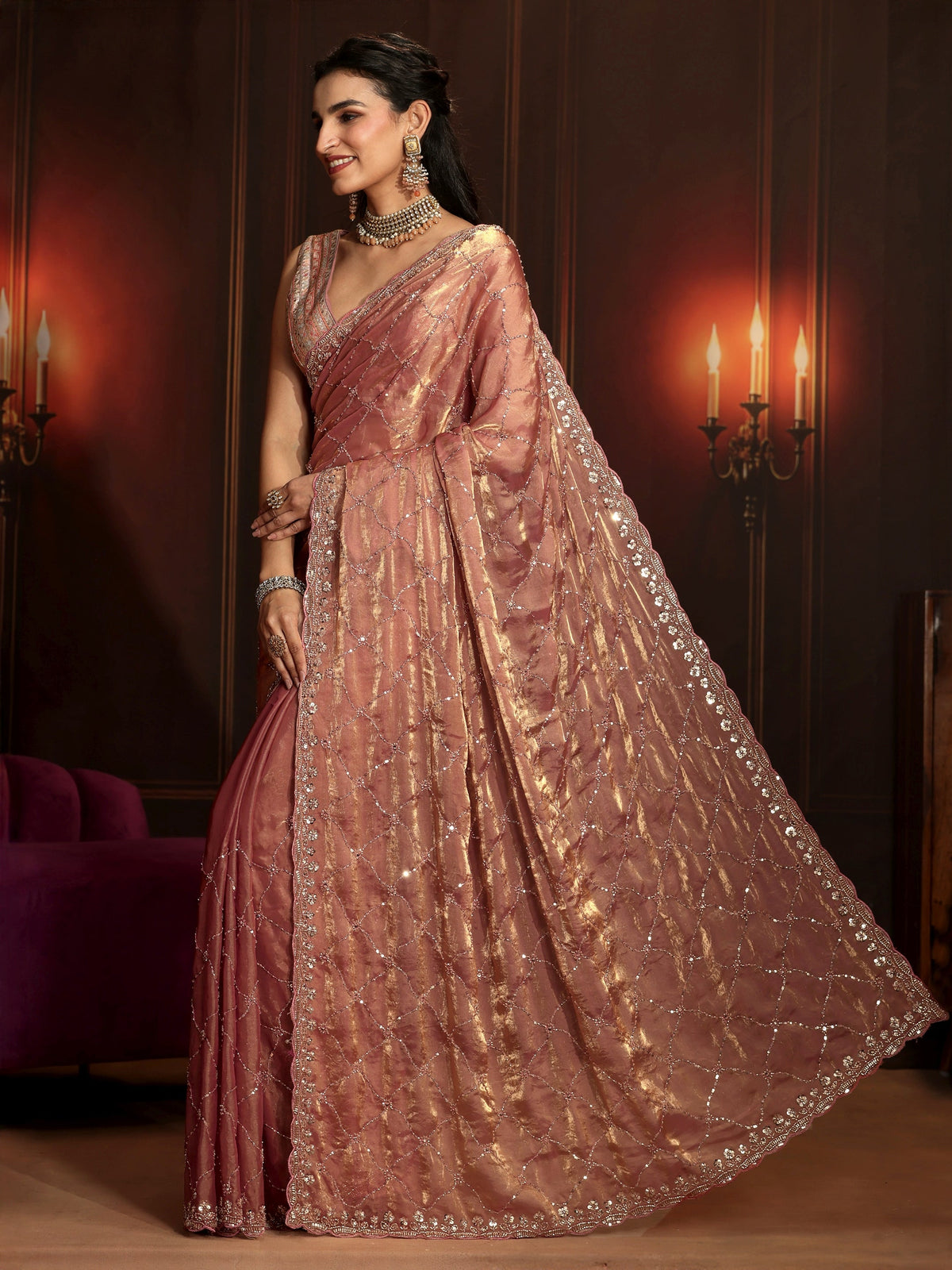 Anouk Art Peach Pink Embellished Tissue Saree