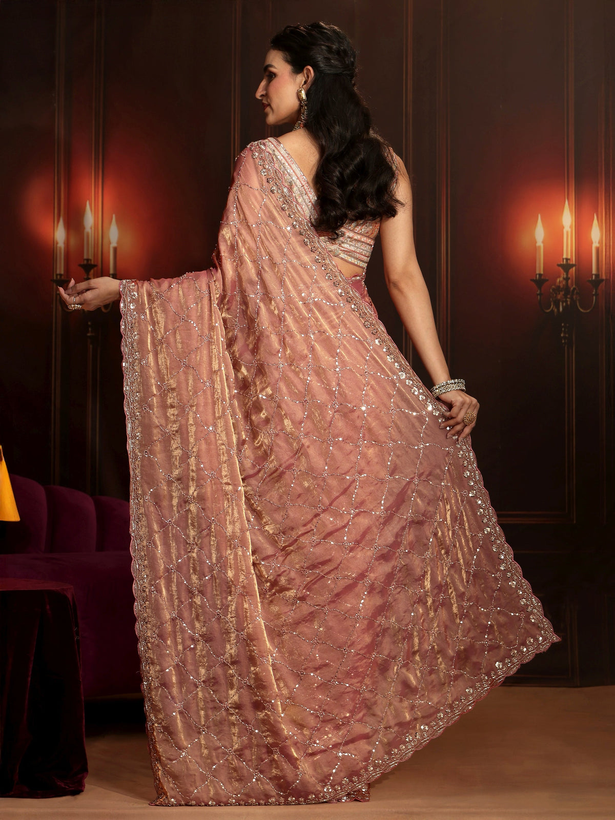 Anouk Art Peach Pink Embellished Tissue Saree
