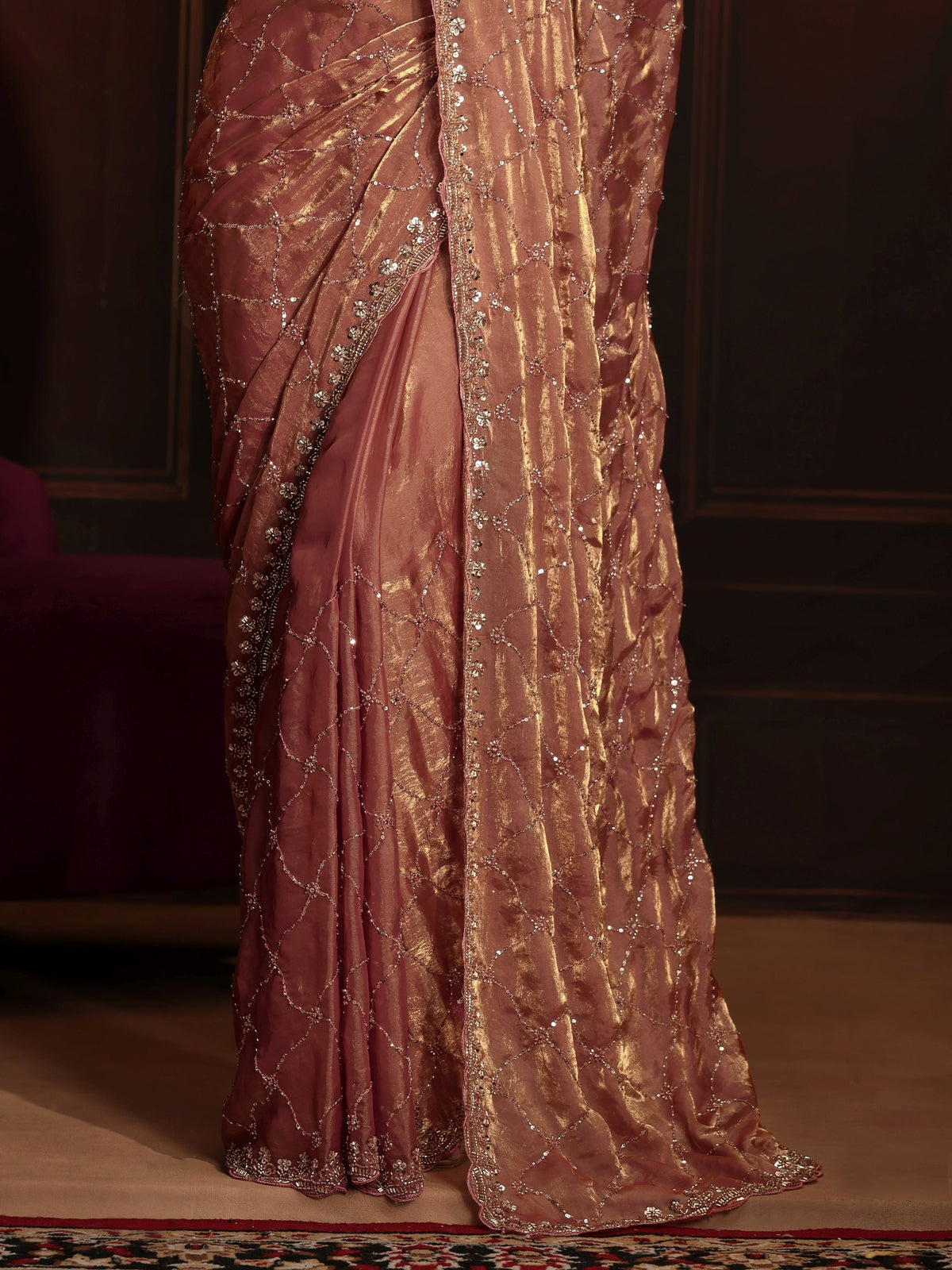 Anouk Art Peach Pink Embellished Tissue Saree