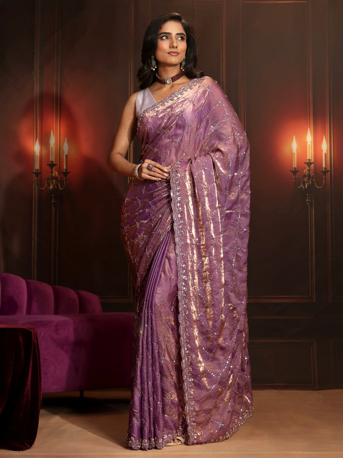 Anouk Art Lavender Embellished Tissue Saree