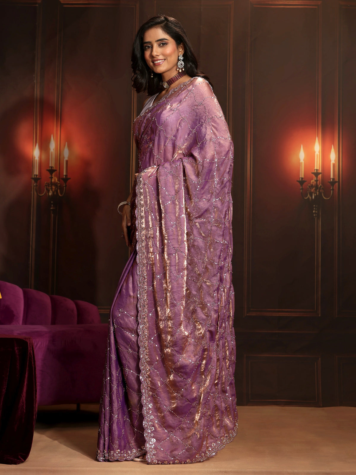Anouk Art Lavender Embellished Tissue Saree