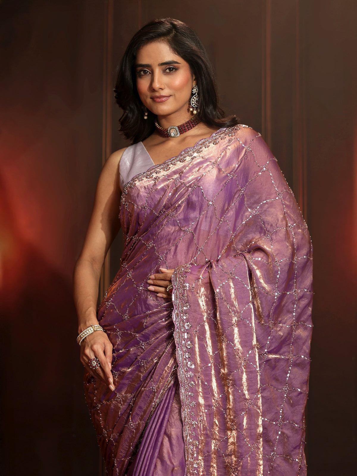 Anouk Art Lavender Embellished Tissue Saree