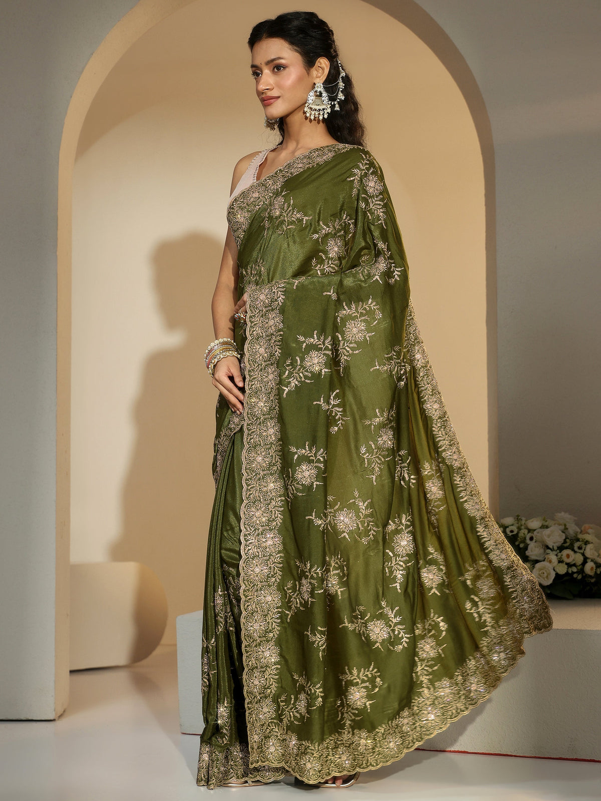Anouk Olive Geen Floral Embroidered Satin Saree
