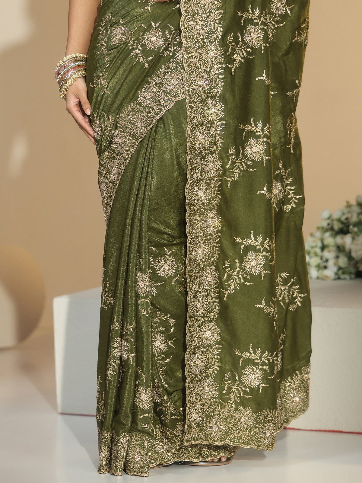 Anouk Olive Geen Floral Embroidered Satin Saree