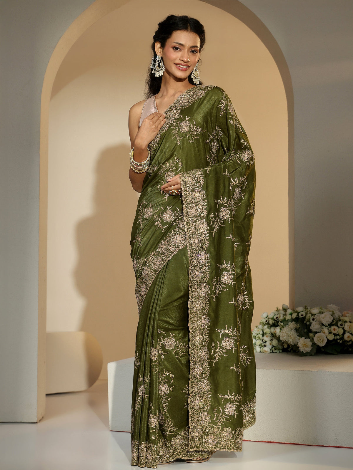 Anouk Olive Geen Floral Embroidered Satin Saree