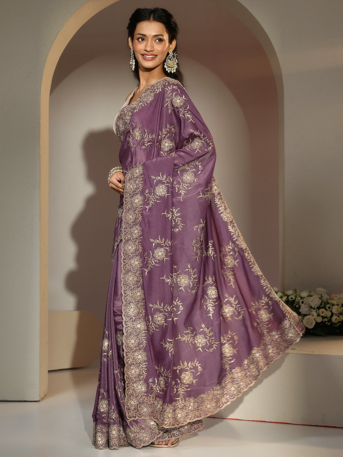 Anouk Lavender Floral Embroidered Satin Saree