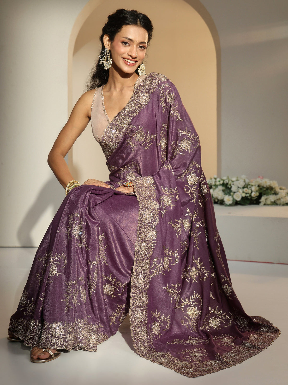 Anouk Lavender Floral Embroidered Satin Saree