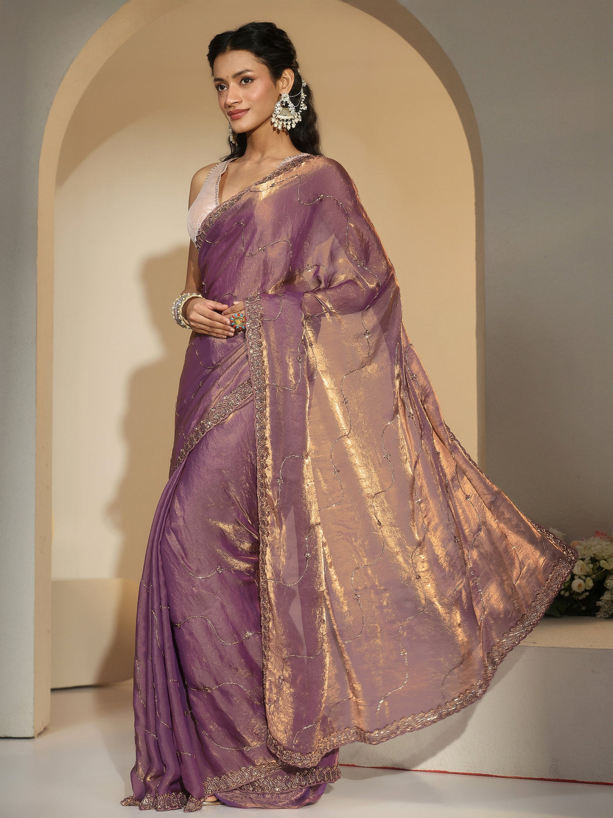 Anouk Lavender Embellished Tissue Saree
