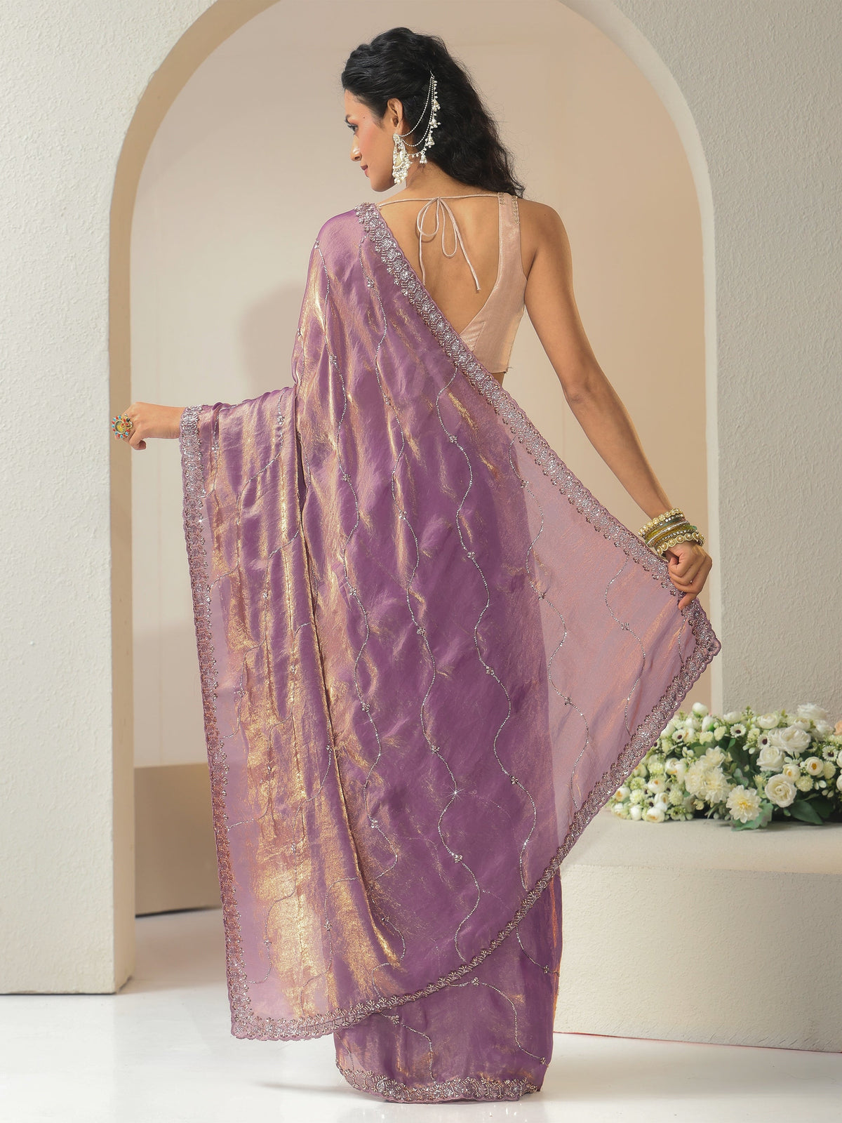 Anouk Lavender Embellished Tissue Saree