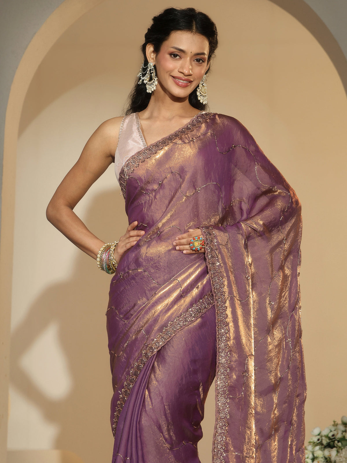 Anouk Lavender Embellished Tissue Saree