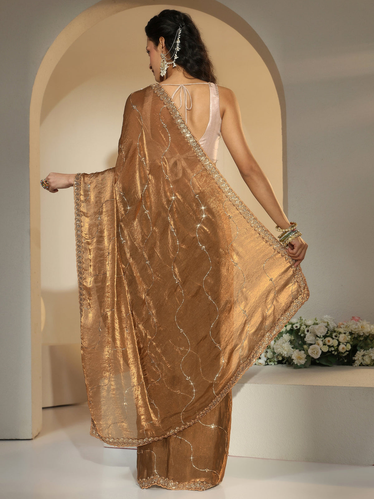 Anouk Brown Embellished Tissue Saree