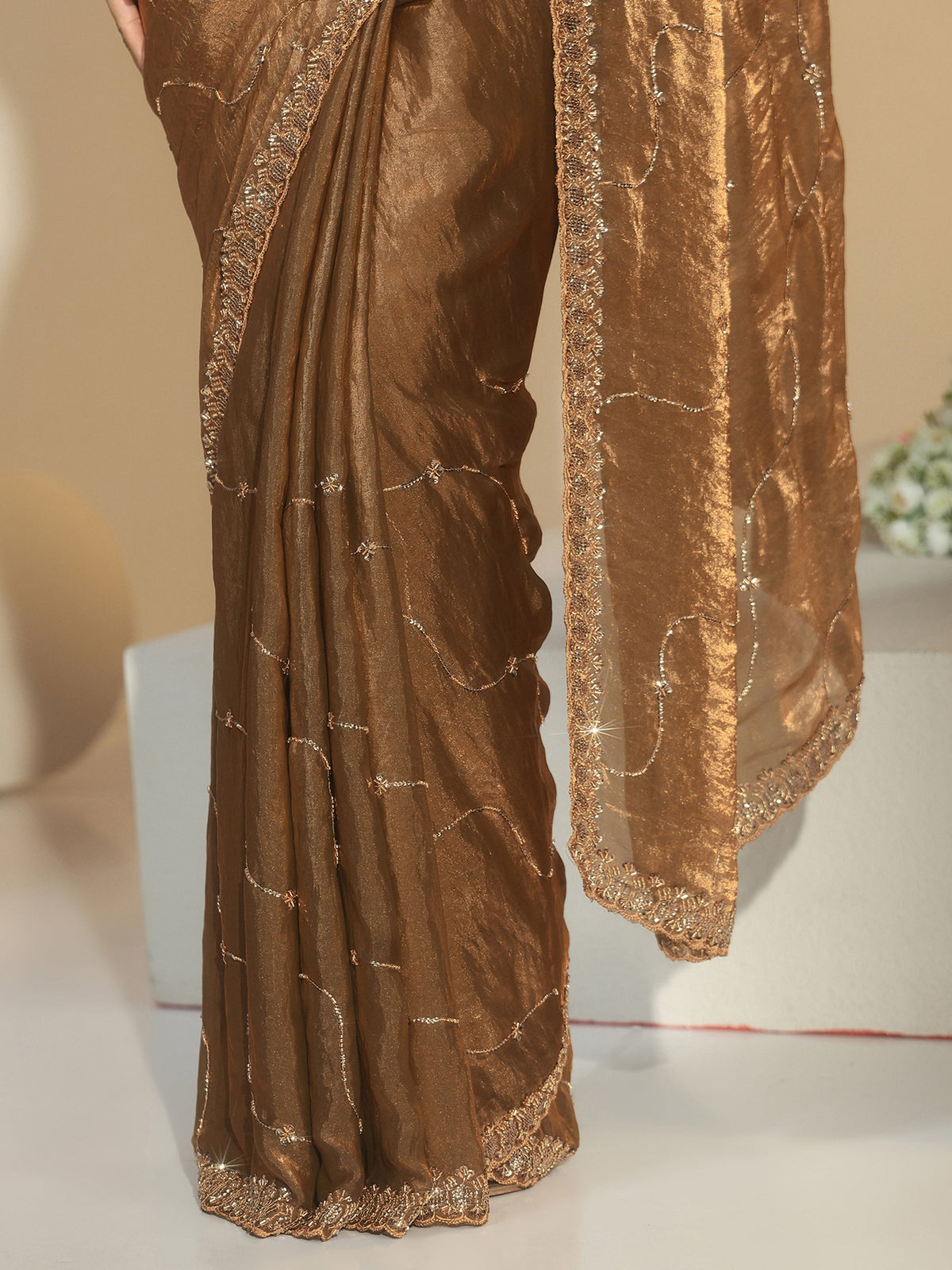 Anouk Brown Embellished Tissue Saree
