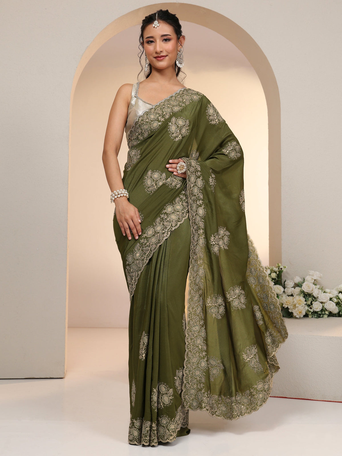 Anouk Leaf Green Satin Saree with Embroidered Floral Motifs