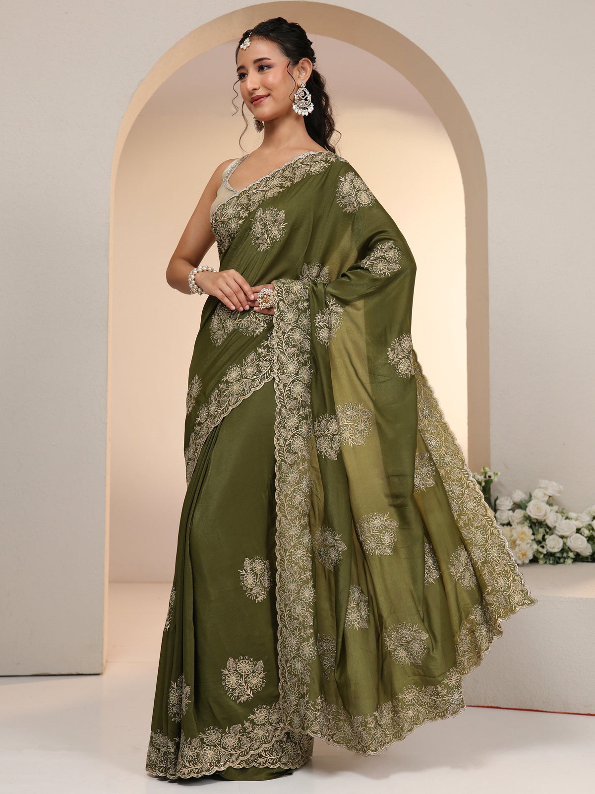 Anouk Leaf Green Satin Saree with Embroidered Floral Motifs