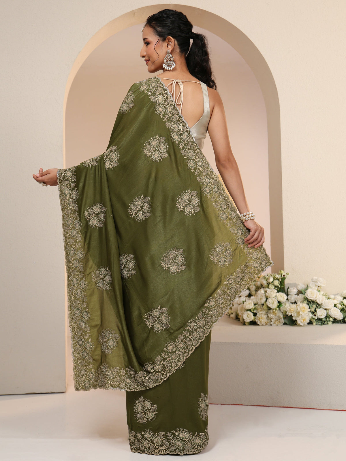Anouk Leaf Green Satin Saree with Embroidered Floral Motifs