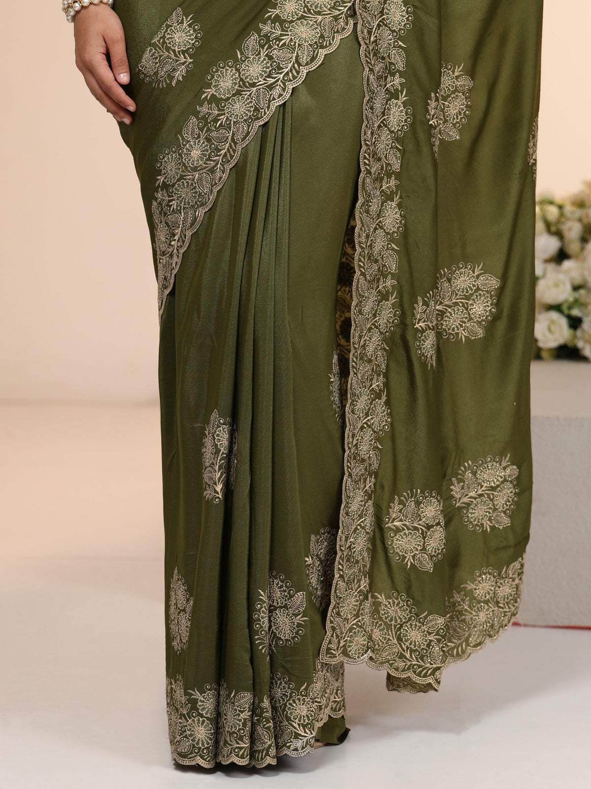 Anouk Leaf Green Satin Saree with Embroidered Floral Motifs