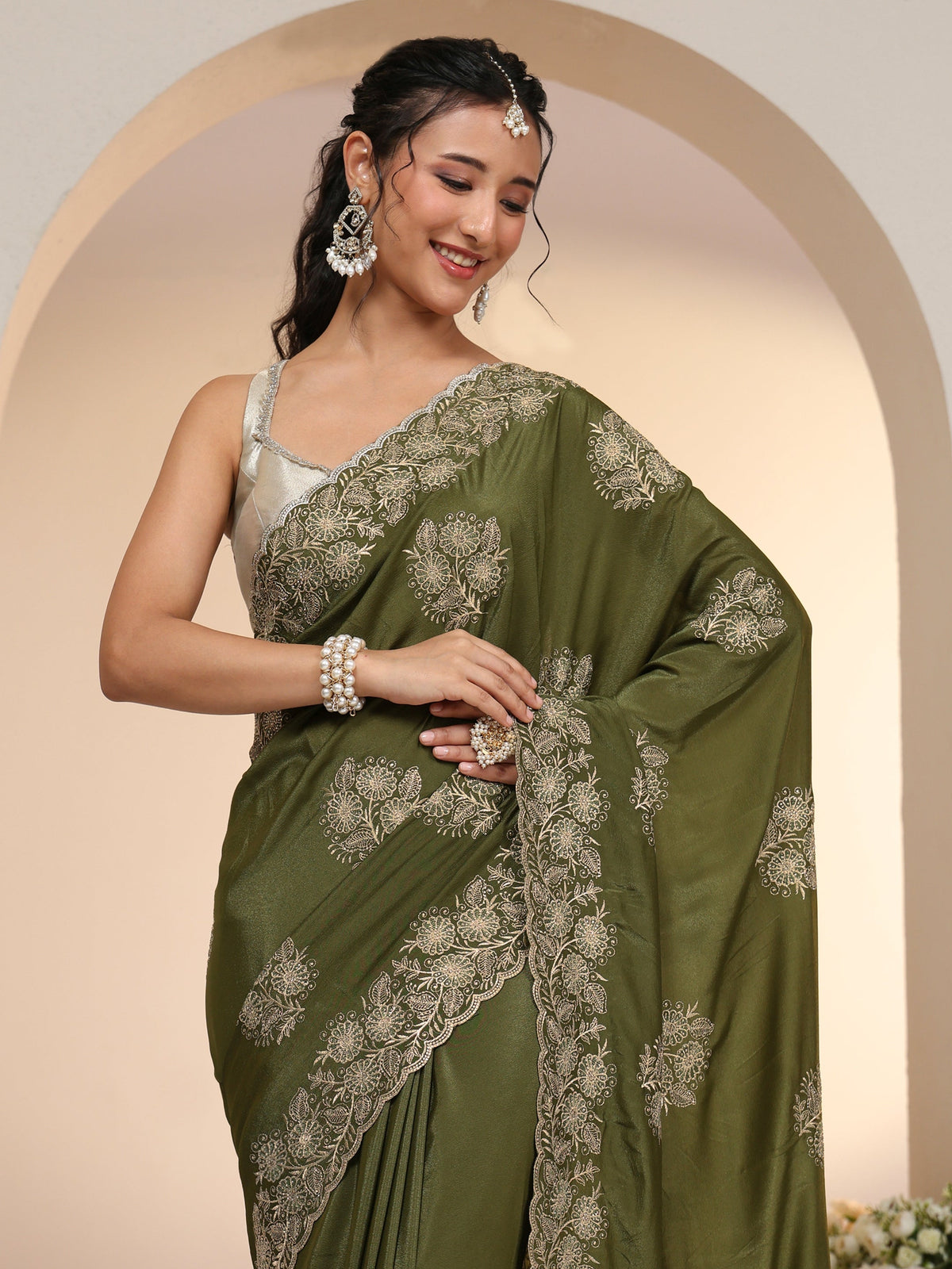 Anouk Leaf Green Satin Saree with Embroidered Floral Motifs