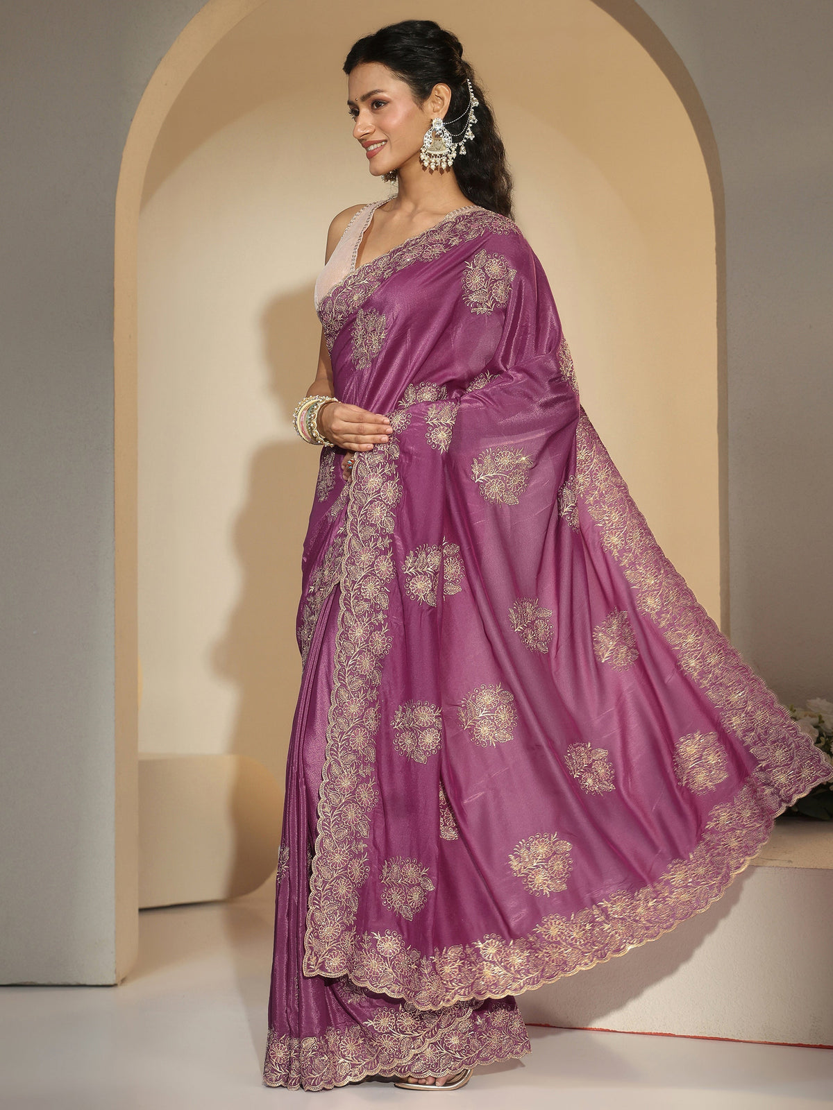 Anouk Dusty Rose Pink Floral Embroidered Satin Saree